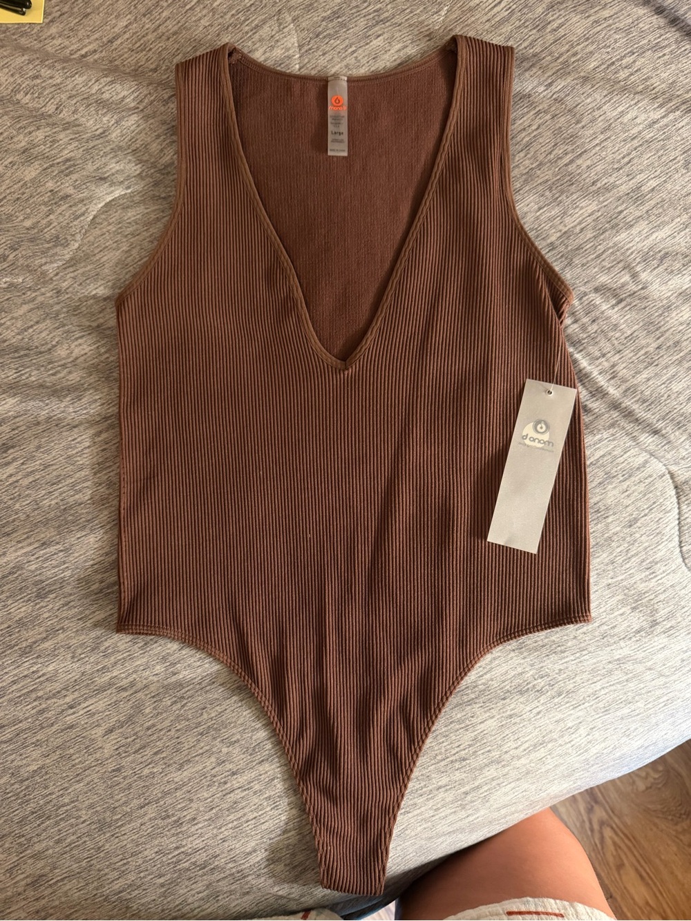 Mono B Ribbed V-Neck Brown Bodysuit